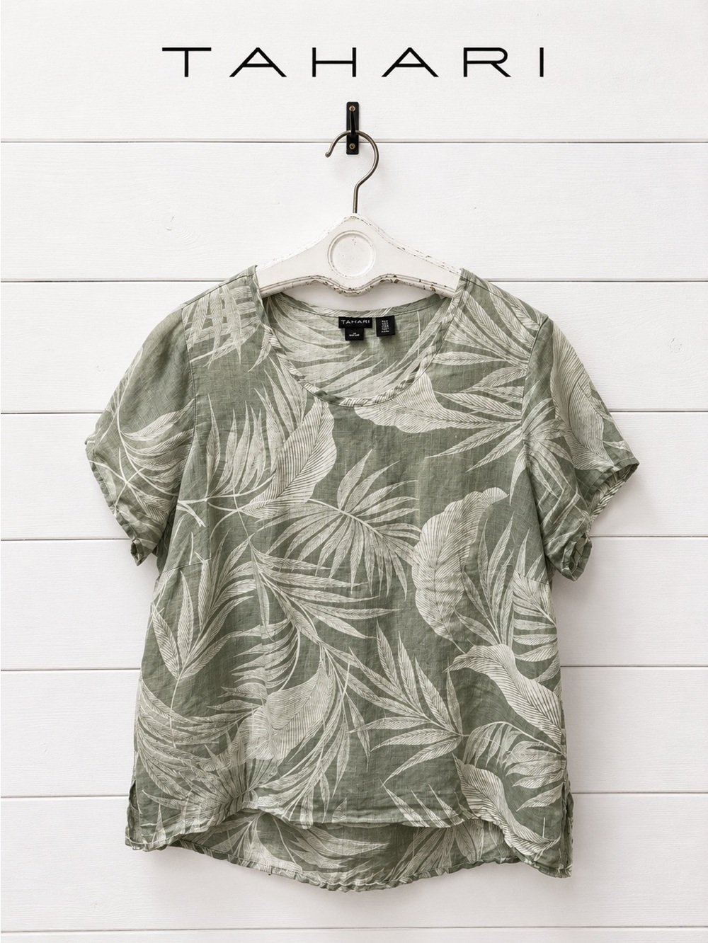TAHARI Sage Green Tropical Print Linen Blend Blouse Size 1X
